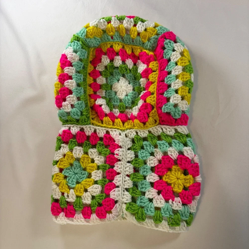 Handmade Crochet Granny Square Balaclava Hood Neck Warmer Multi-Color Boho